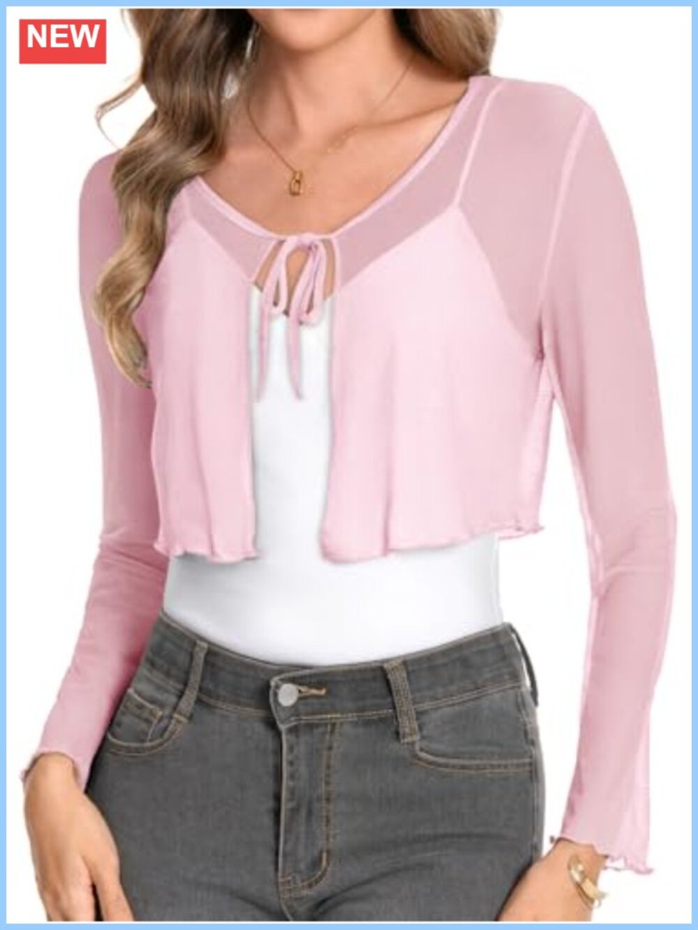 Women Sheer Mesh Bolero Shrug Tie Front Cropped Cardigan Long Sleeve